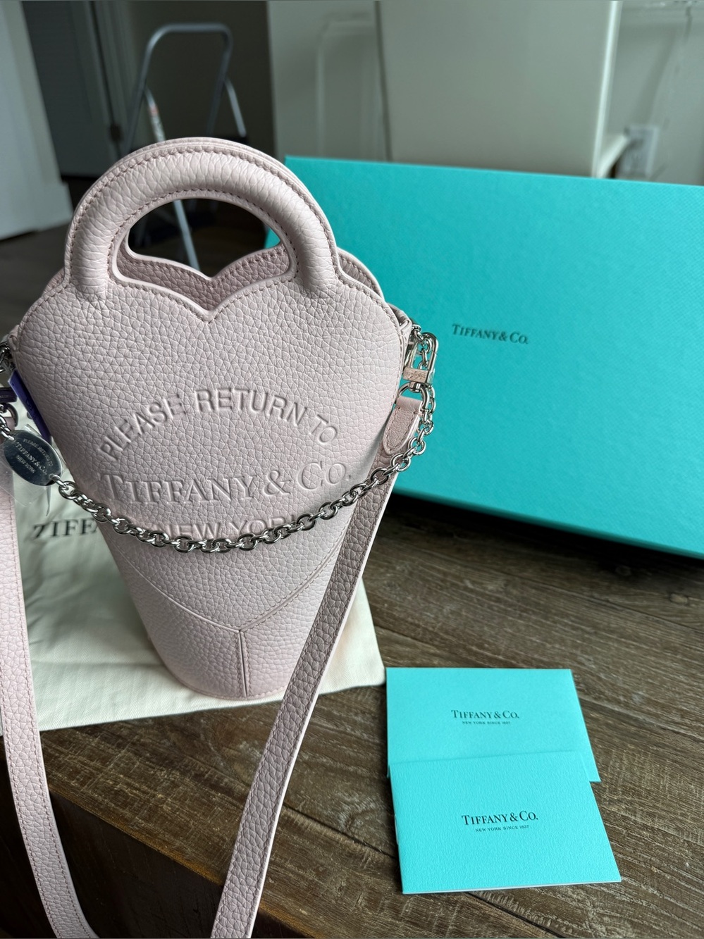 Tiffany & Co. Pale Pink Pebbled Leather Heart Crossbody with Silver Chain New!